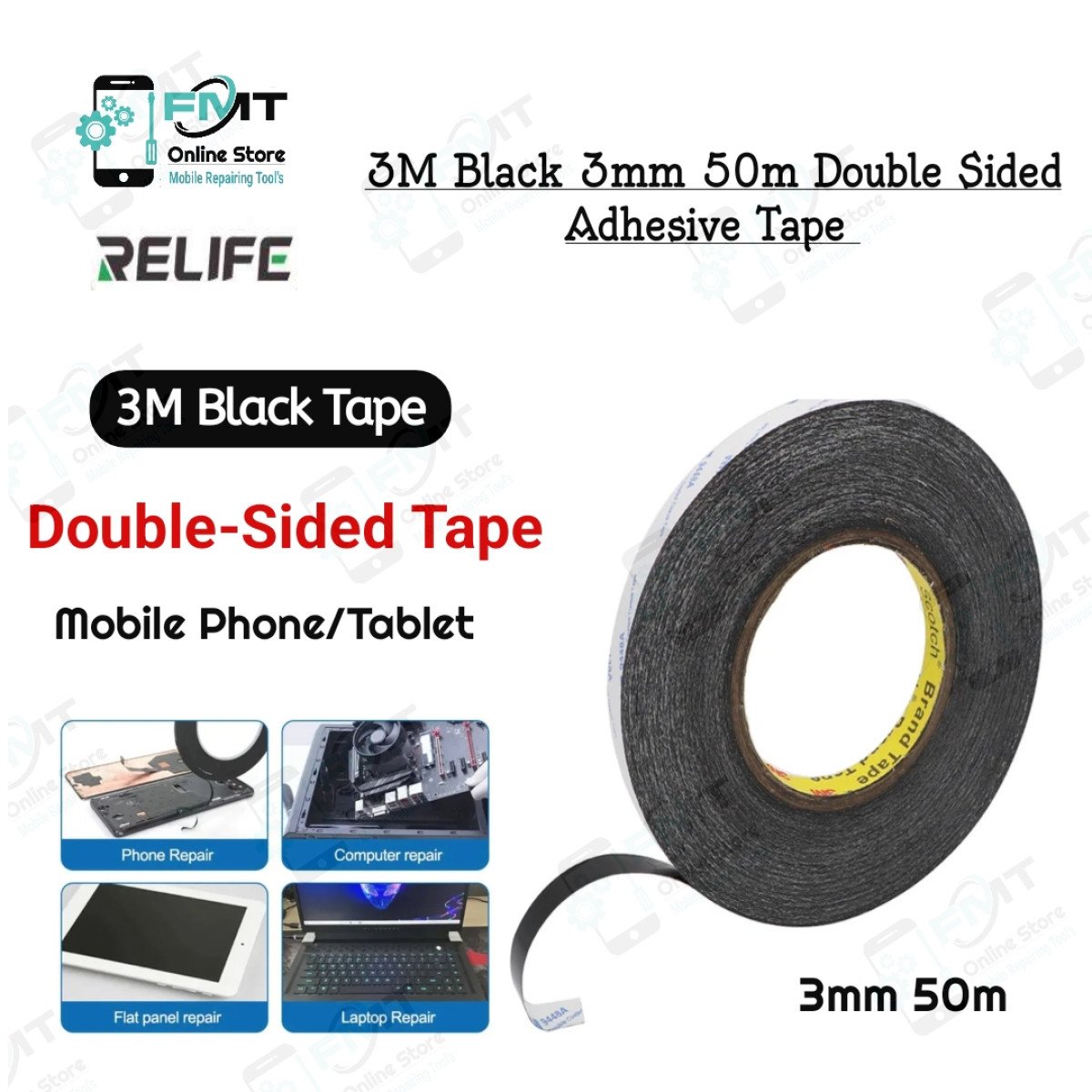 3M Black 3mm 50m Double Sided Adhesive Tape