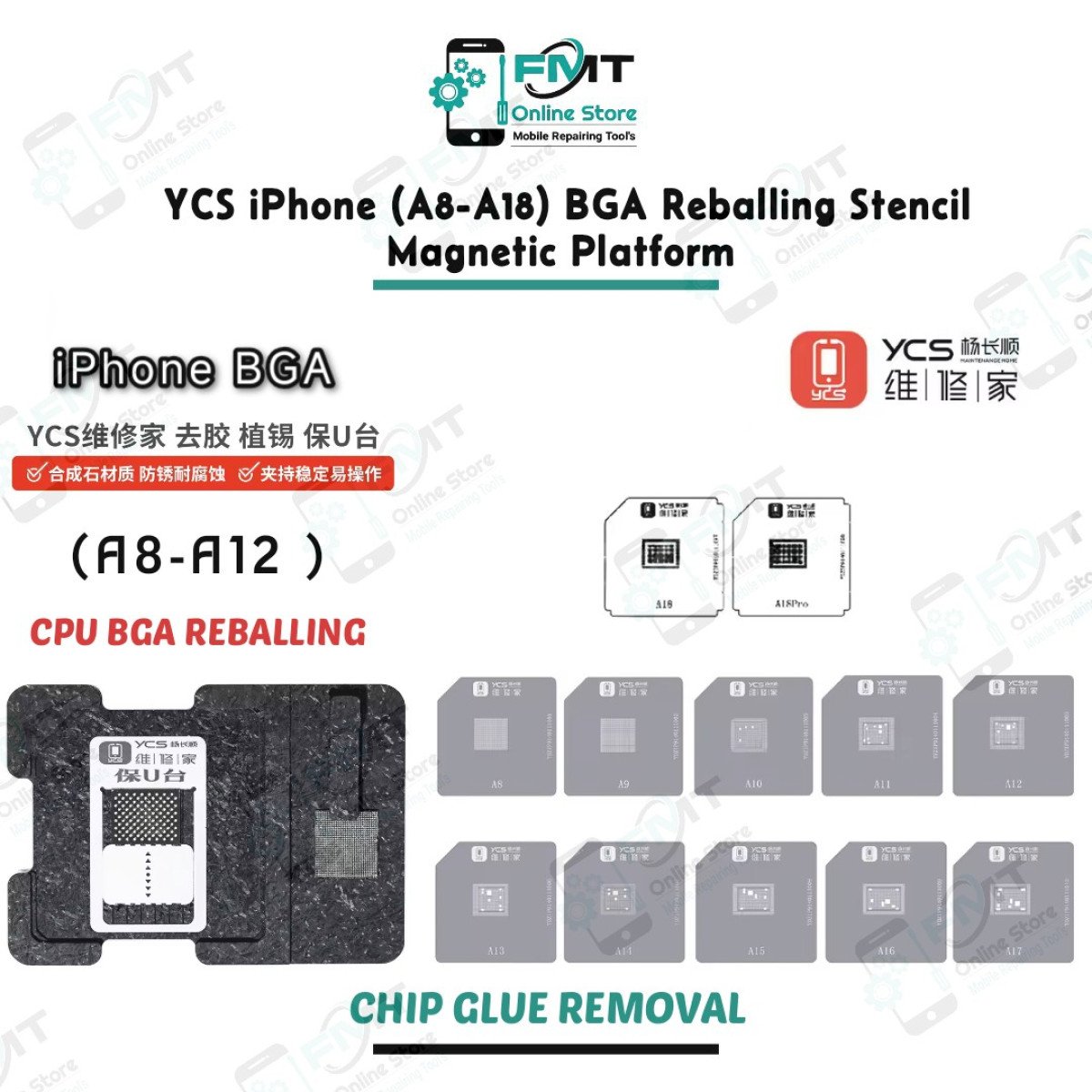 YCS iPhone (A8-A18) BGA Reballing Stencil Magnetic Platform