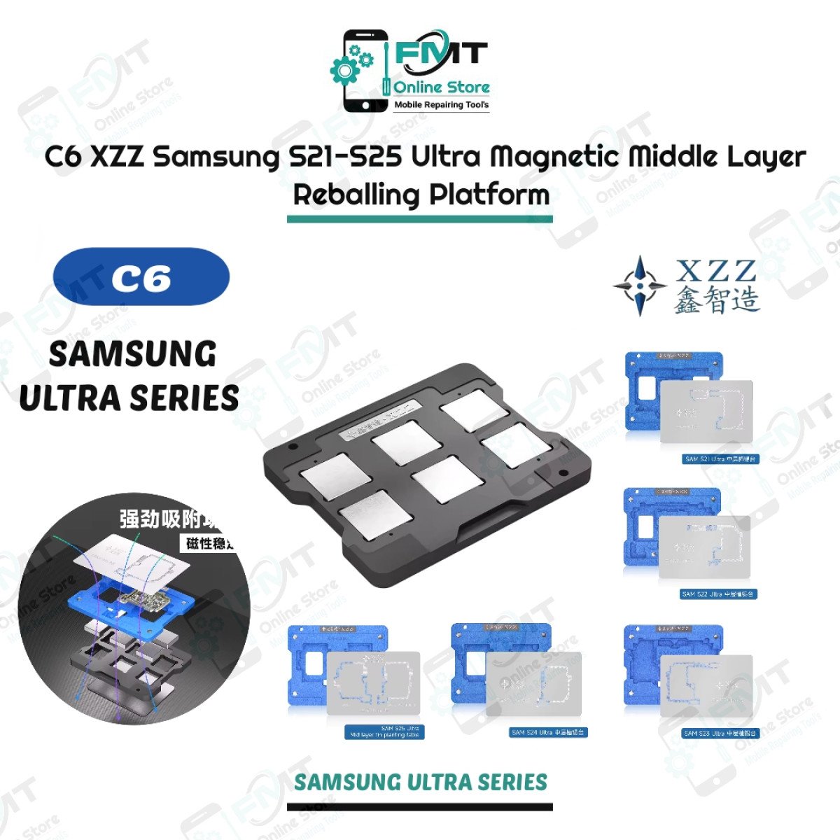 C6 XZZ Samsung S21-S25 Ultra Magnetic Universal Base With  Mid-Layer Tin Planting Tables and Steel Meshes.