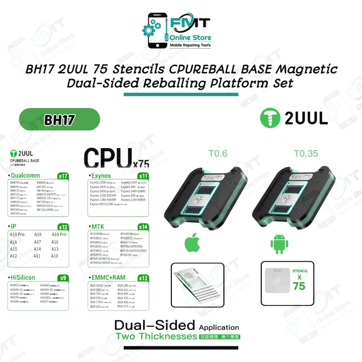 BH17 2UUL 75 Stencils CPUREBALL BASE Magnetic Dual-Sided Reballing Platform Set