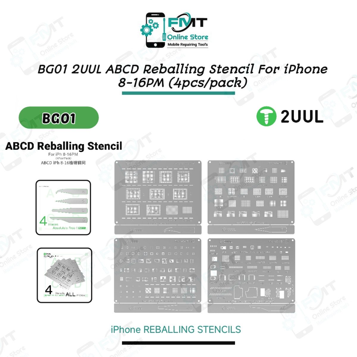 BG01 2UUL ABCD Reballing Stencil For iPh 8-16PM (4pcs/pack)